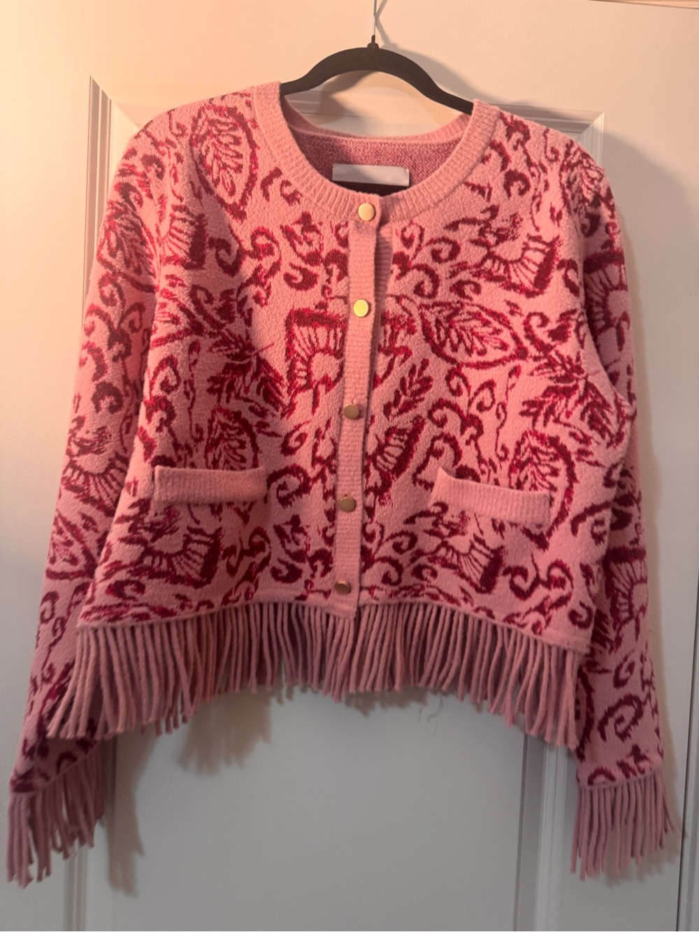 NVLT Anthropologie Pink Patterned Fringe Cardigan Sweater Brand new with Tag